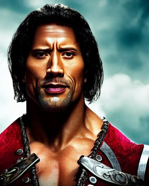 Image similar to Film still close-up shot of Dwayne Johnson as the Captain Hook from the movie Hook. Photographic, photography