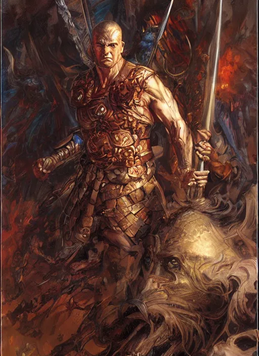 Image similar to a fantasy comic book style portrait painting of a furious male warrior, art by donato giancola and bayard wu and gustav moreau and wayne barlowe