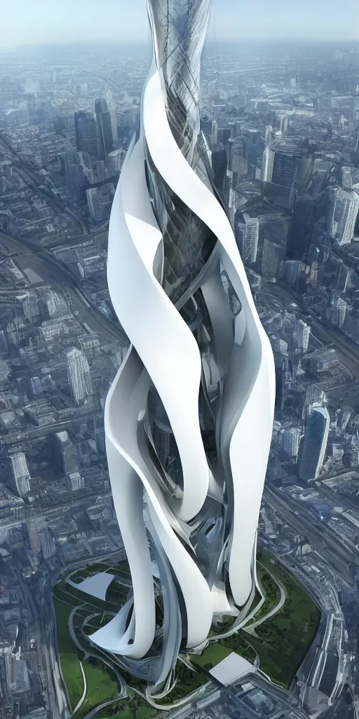 Image similar to epic futuristic tower, highly detailed, realistic, by zaha hadid