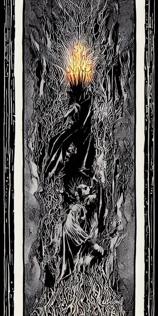 Prompt: the sandman rises from the ashes hits alter behind him, dark, gothic, ornate