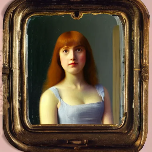 Prompt: a beautiful young girl at the mirror, daguerreotype by edward hopper, by henri rousseau, by Bosch, art noveau, highly detailed, strong lights, liminal, eerie, Bright pastel colors, octane render, 8k,