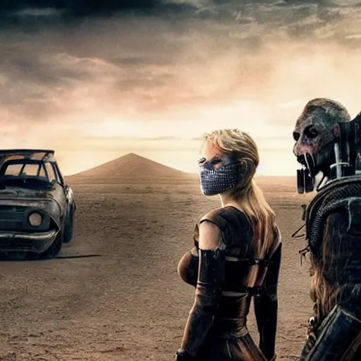 Image similar to a very huge, very big masked mutant man standing next to a very small blonde woman, they are staring at the horizon where there are the ruins of a city, postapocalyptic, mad max style, award winning photograph, over the shoulder, back, behind