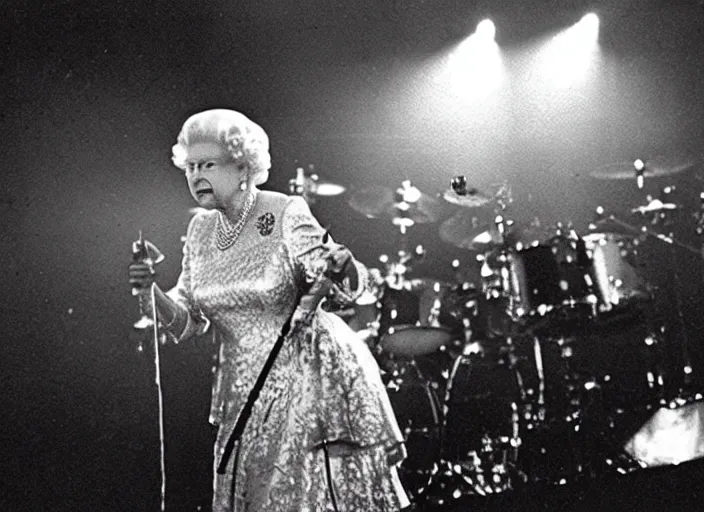 Prompt: publicity photo still of queen elizabeth in a death metal band playing live on stage, 8 k, live concert lighting, mid shot