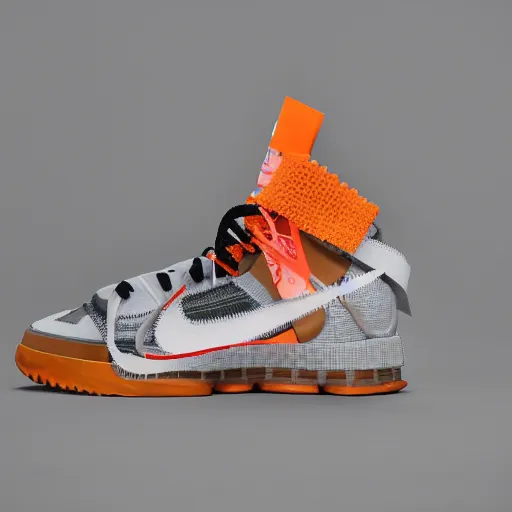 Image similar to a studio photoshoot of Nike Off-white Lebron sneakers designed by Virgil Abloh, knitted mesh material, gum rubber outsole, realistic, color film photography by Tlyer Mitchell, 35 mm, Graflex