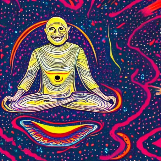 Prompt: a psychedelic hippy alien smiling and meditating, floating in space