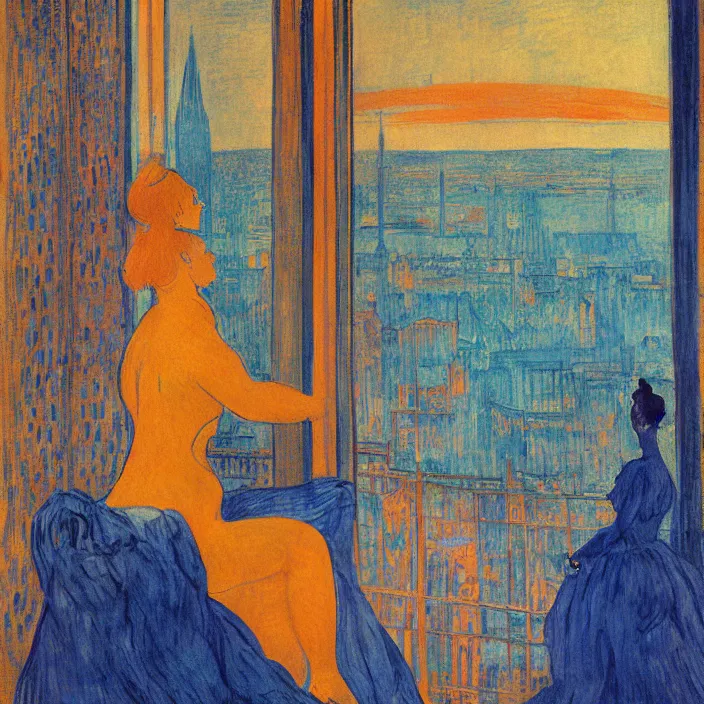 Image similar to woman and giant orange cat with city with gothic cathedral and tall trees seen from a window frame with curtains. dark indigo blue, turquoise, gold, earth brown. autumn light. delville jean, henri de toulouse - lautrec, utamaro, matisse, monet