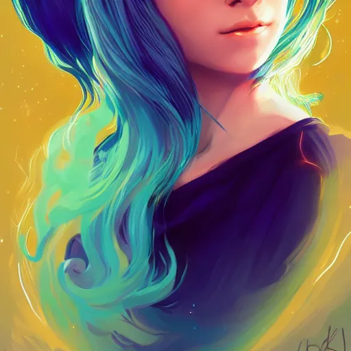 Prompt: a young woman with a starry cloak, aurora colored hair, curious expression, character art, full body art, trending on artstation, artgerm, 4k ultra hd, sharp focus, digital art by Ilya Kuvshinov and Ross Tran,