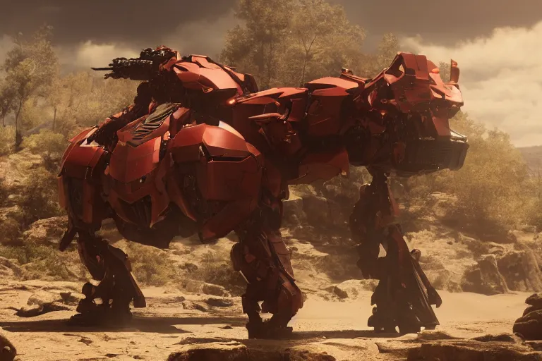 Image similar to a cinematic still from Westworld, red mech, armored core, octane render, nvidia raytracing demo, masterpiece