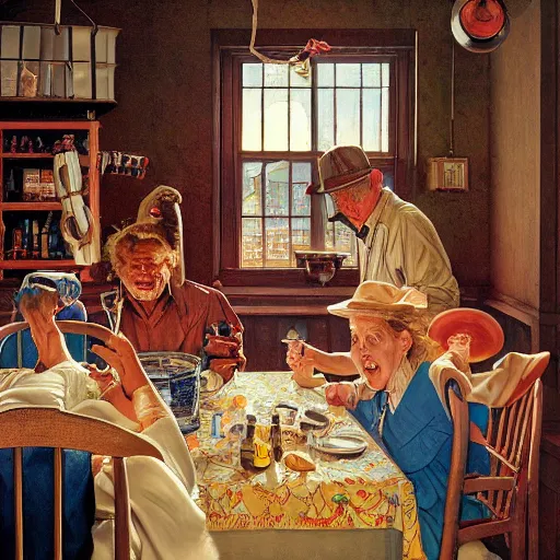 Image similar to high quality high detail painting of crazy people by david mattingly and norman rockwell and nc wyeth, hd, realistic matte, photorealistic lighting, composition and layout inspired by gregory crewdson, modern supernatural horror, stephen king.