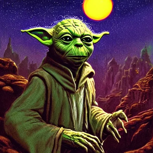 Image similar to portrait of yoda howling at the moon and transforming into a werewolf, overwhelming energy, detailed background by m. w. kaluta + bruce pennington, dark side, neon color, three moons, tiny stars, volumetric lighting, colorful vapor, deep dark color, floating molecules, digital painting, oil painting, artwork by ralph mcquarrie + cory loftis + andreas rocha + paul lehr + ian mcque + eddie mendoza