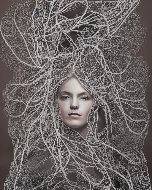 Prompt: a woman's face entwined in a coral reef, made of intricate decorative lace leaf skeleton, in the style of the dutch masters and gregory crewdson, dark and moody