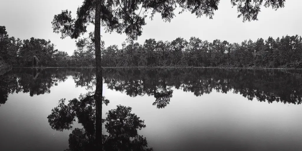 Image similar to photograph of a long rope snaking across the surface of the water, stretching out towards the vortex sinkhole at the center of the lake, a dark lake on a cloudy day, mood, trees in the background, anamorphic lens