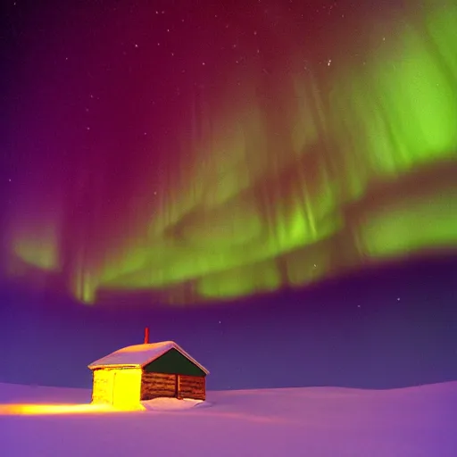 Image similar to a cabin on a hill, snowstorm, winter, smoke rising from the pipe, aurora borealis, alaska, by alex andreev, landscape, high contrast, digital, complementary colors