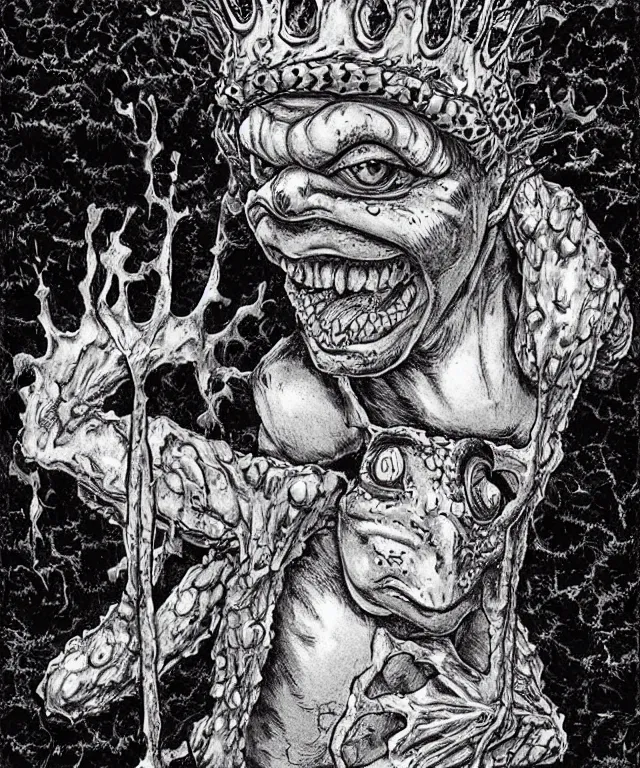 Image similar to frog boy farmer finds the clown crown in the dirt, clown crown, moment of destiny, artwork by Kentaro Miura