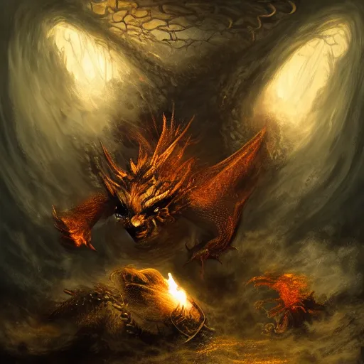 Prompt: ginger man in a discord t-shirt fights a fire breathing dragon in a room filled with dragon eggs, painted, by Seb McKinnon, high fantasy