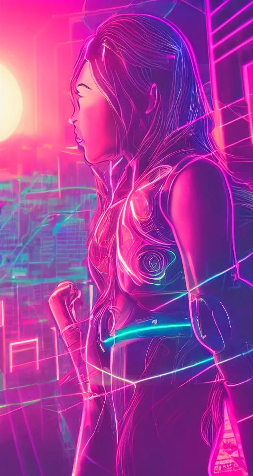 Prompt: cyber women, city, neon lights, glow, retrowave style, sunset,