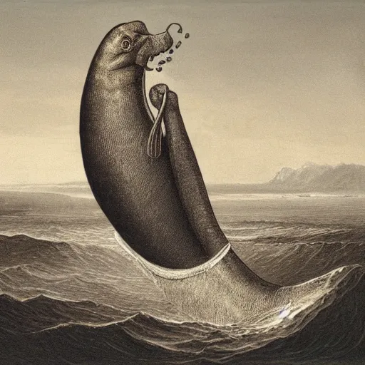 Prompt: tully monster proboscis fossil, realistic, painting, oil paint, sepia tone, scientific illustration, 1 9 th century
