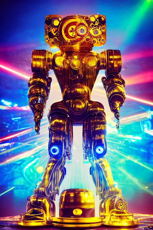 Image similar to portrait photo of a giant huge golden and blue metal futuristic steampunk robot covered with multicolored big gears and tubes, eyes are glowing red lightbulbs, robot plays on a huge electric steampunk guitar, shiny crisp finish, 3 d render, 8 k, insaneley detailed, fluorescent colors, background is multicolored lasershow