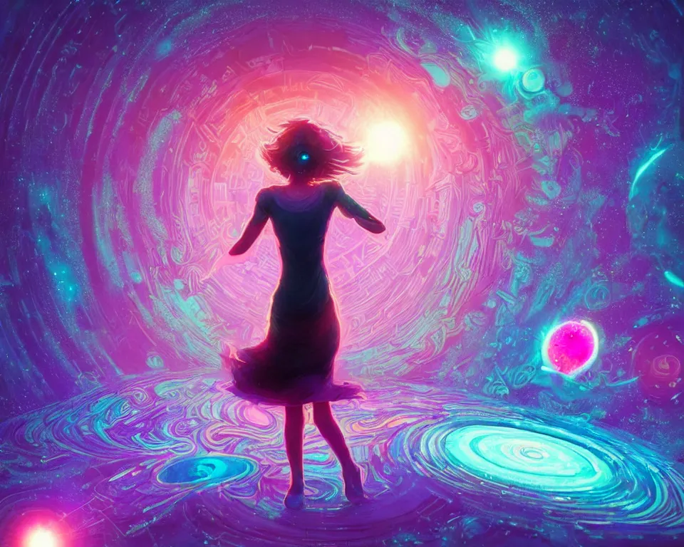 Image similar to a beautiful whimsical woman standing under a multi-colored binary blackhole with an accretion disc, casting magic, glowing trails following her arms, acidwave, intricate repeating geometric patterns, fractals, by Lois van Baarle, by Greg Rutkowski, by artgerm, by beeple, by moebius, cinematic angle, volumetric lighting, 4k resolution, octane render, trending on artstation, masterpiece