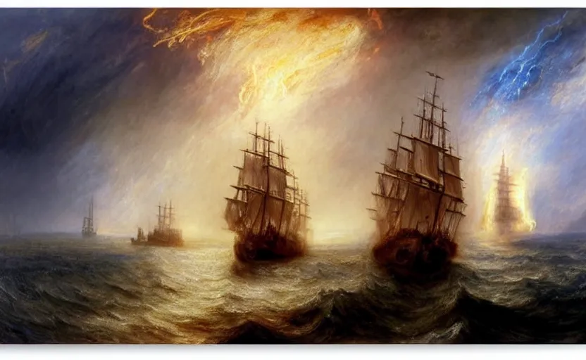 Image similar to epic naval battle, pirate galleons and millennium falcon. by artstation trending, by joseph mallord william turner, luis royo, konstantin razumov, cinematic lighting, fractal flame, highly detailed