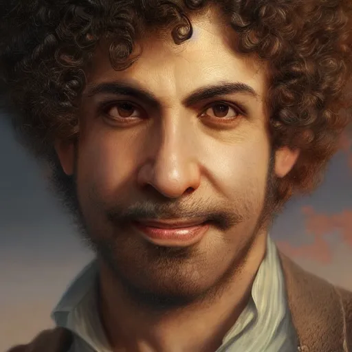 Image similar to a smiling curly - haired persian guy by david a hardy, noriyoshi ohrai, gary ruddell, greg rutkowski highly detailed, cinematic composition, trending on artstation