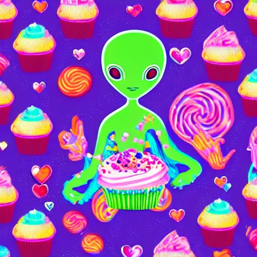 Prompt: Alien Xenomoph in space with hearts and cupcakes, Lisa Frank