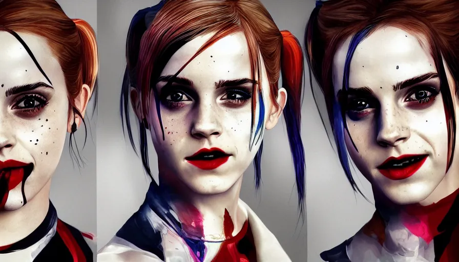 Image similar to emma watson is harley quinn, hyperdetailed, artstation, cgsociety, 8 k