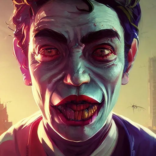 Image similar to highly detailed portrait spider joker gta v, stephen bliss, unreal engine, fantasy art by greg rutkowski, loish, rhads, ferdinand knab, makoto shinkai and lois van baarle, ilya kuvshinov, rossdraws, tom bagshaw, global illumination, radiant light, detailed and intricate environment