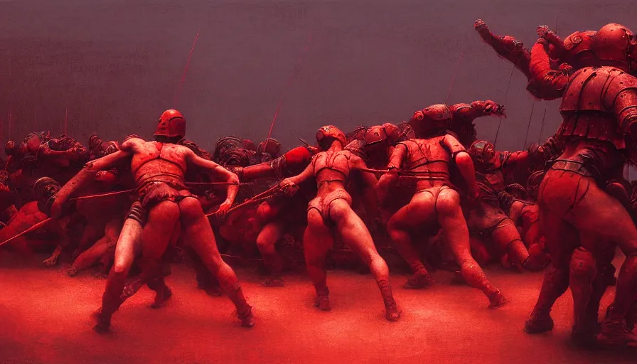 Image similar to only with red, bloody armored gladiator battle in a crowded roman amphitheatre, crowd cheering, in the style of beksinski and edward hopper and rodcenko and yue minjun and greg rutkowski, intricate and epic composition, red by caravaggio, highly detailed, masterpiece, red light, artstation, art nouveau