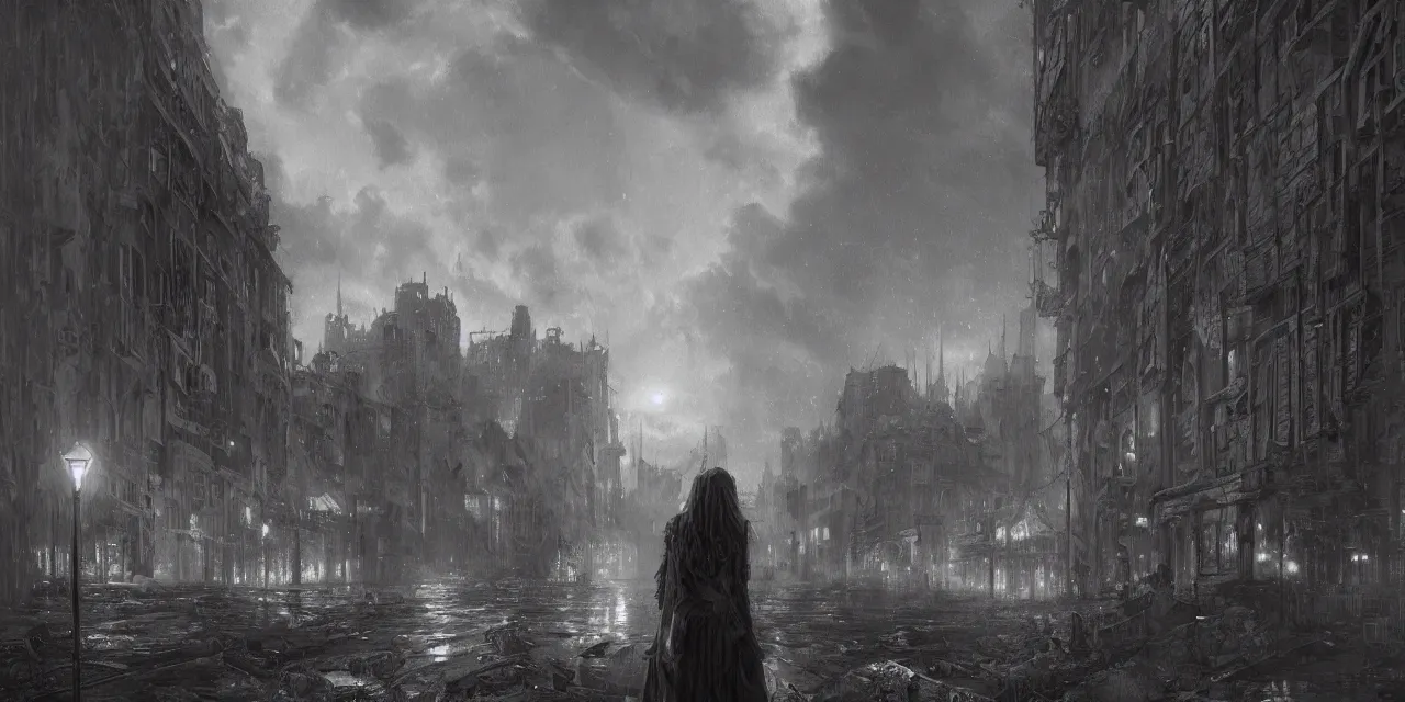 Image similar to a detailed illustration of a weeping woman against the background of a ravaged city and a dark moonlit sky, artstation, by Frederik Heyman, Art Nouveau, sophisticated, Unreal engine, dystopia, anti-utopia, post processing, nostalgic melancholic artwork, intricate, masterpiece, stunning, artstation