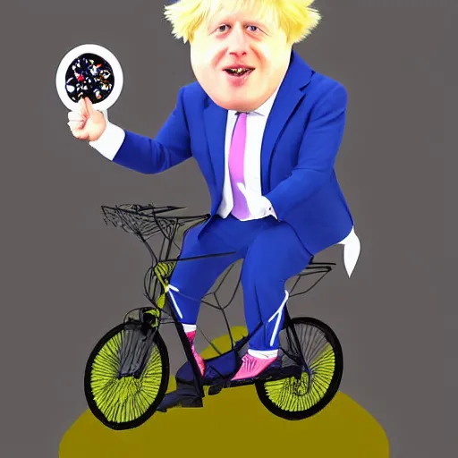 Image similar to Boris Johnson riding a unicycle in a silly costume, digital art