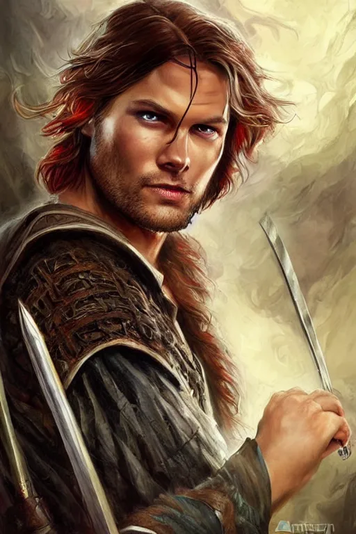 Image similar to front portrait of attractive sam winchester as a highlander in a romance book, fantasy style, sharp focus!, ultra detailed, art by artgerm and peter andrew jones, wlop