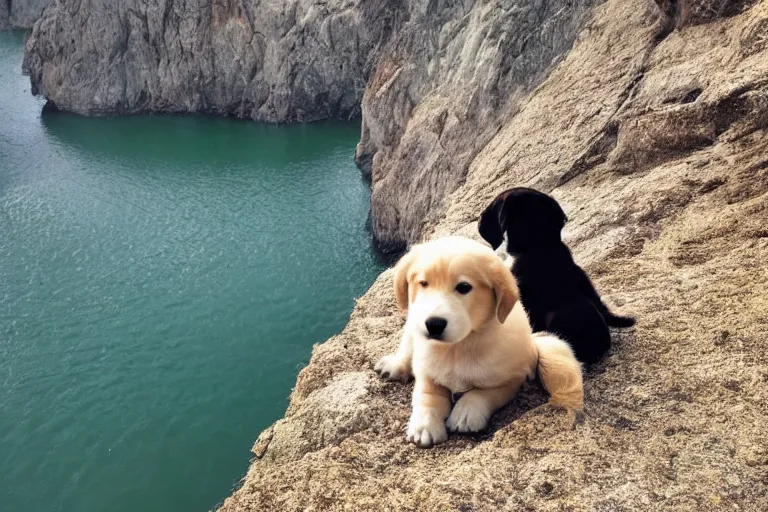 Prompt: a puppy is looking directly at the water below them while they stand at an edge of a cliff