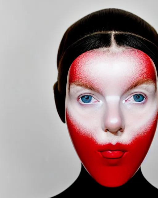 Image similar to symmetrical close - up portrait of a woman wearing a red silicone beauty mask and hair buns, wearing a black bodysuit by alexander mcqueen, cream white background, soft light, biotechnology, humanoide robot, bjork aesthetic, translucent, by rineke dijkstra, masterpiece,