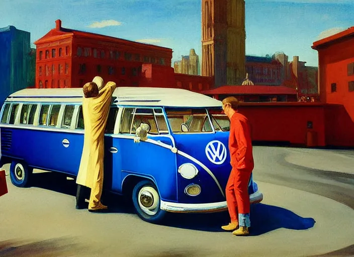 Image similar to detailed painting two young men and women in front of blue vw bus by edward hopper, bernardo bertolucci dreamers movie scene