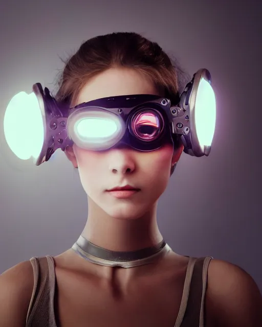 Image similar to low angle portrait photo by bouguereau of female dancer as a cyberpunk mecha humanoid robotic parts wearing goggles with led lights, inside white room, ultra - realistic and detailed, 8 k