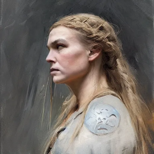 Image similar to Richard Schmid and Jeremy Lipking portrait painting of A shield-maiden (Old Norse: skjoldmø [ˈskjɑldˌmɛːz̠]) was a female warrior from Scandinavian folklore and mythology. Shield-maidens are often mentioned in sagas such as Hervarar saga ok Heiðreks and in Gesta Danorum. They also appear in stories of other Germanic peoples: Goths, Cimbri, and Marcomanni.[1] The mythical Valkyries may have been based on such shield-maidens.[ full-figure