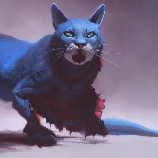 Image similar to blue cat eating red sable painting by eddie mendoza, greg rutkowski