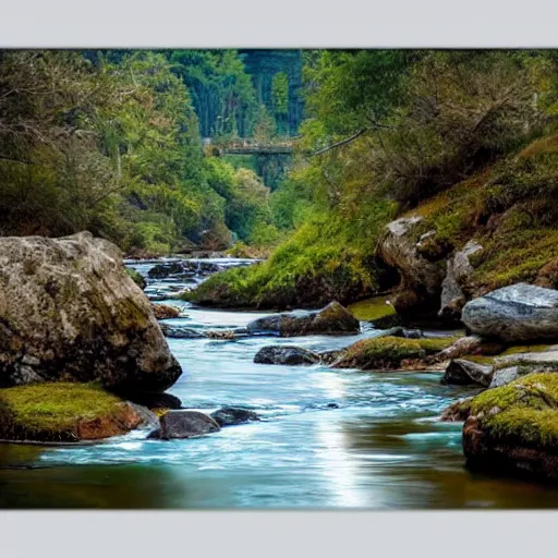 Prompt: a beautiful landscape, river, rocks, trees, intricate, elegant, highly detailed