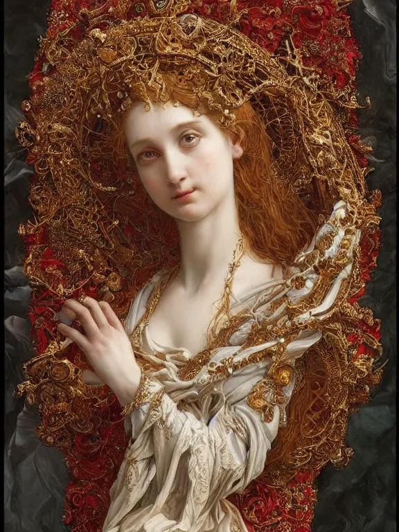 Image similar to a beautiful render of baroque catholic veiled the red queen sculpture with symmetry intricate detailed,crystal-embellished,by Lawrence Alma-Tadema, peter gric,aaron horkey,Billelis,trending on pinterest,hyperreal,jewelry,gold,intricate,maximalist,golden ratio,cinematic lighting