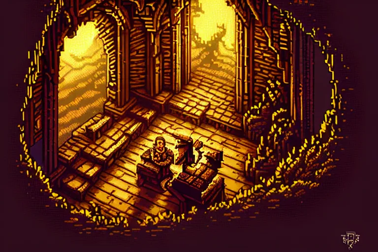 Prompt: the bard's tale, beautiful detailed pixelart by albertov, intricate details, beautiful, dithered gradients, volumetric lighting, cgsociety, artstation, smooth, sharp focus, 2 d illustration, amazing art by dan mumford, old school computer game graphics, crpg, d & d, pixel art