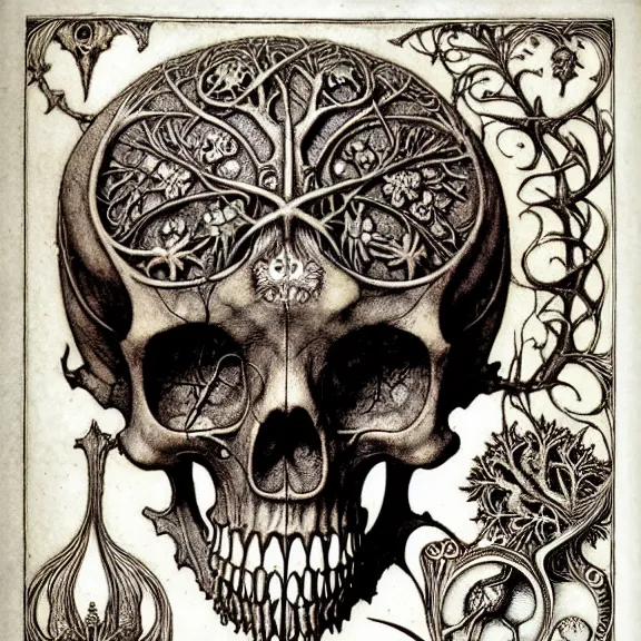 Image similar to memento mori by arthur rackham, art forms of nature by ernst haeckel, exquisitely detailed, art nouveau, gothic, ornately carved beautiful skull dominant, intricately carved antique bone, art nouveau botanicals, ornamental bone carvings, art forms of nature by ernst haeckel, horizontal symmetry, arthur rackham, ernst haeckel, symbolist, visionary