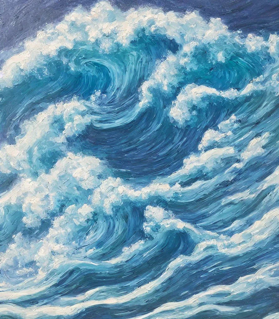 Prompt: an impasto oil painting of a beautiful hawaiian waves, monochromatic color scheme, high detail, breathtaking wave, modern art, abstract art, soft colors