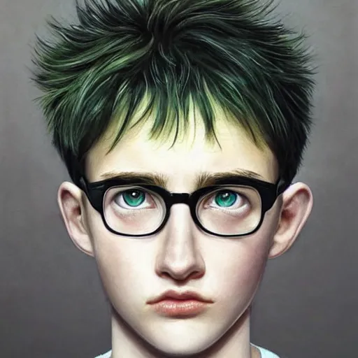 Prompt: 1 7 - year - old boy thin face, black hair, green eyes, round glasses garry potter, scar on forehead as a bolt of lightning, hyper realistic face, beautiful eyes, highly detailed, digital painting, smooth, sharp, beautiful face, expressive eyes, long fluffy curly blond hair, art by greg rutkowski and alex gray