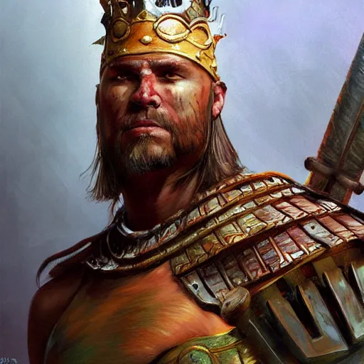 Prompt: highly detailed painting of a warrior god king by jon foster, high fantasy, trending on artstation