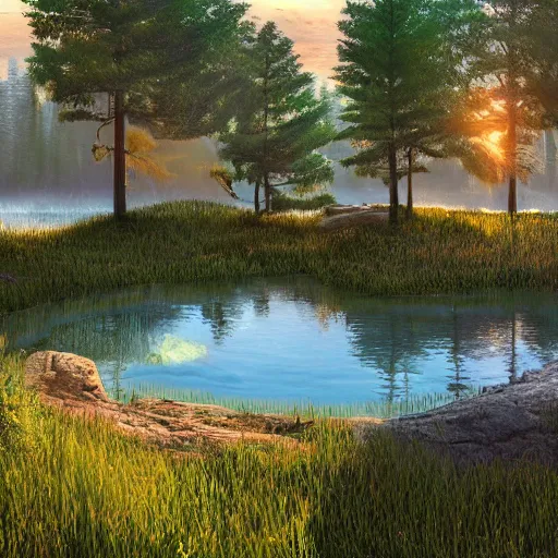 Prompt: looking at a very detailed, highly rendered, as photorealistic as possible, lively, warm, wonderful, friendly lake in the middle of a very vegetated forest in a fantasy world, during a colorful sunraise