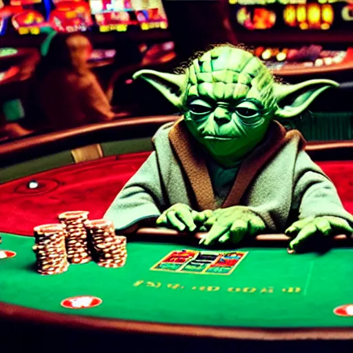 Image similar to film still of yoda gambling in las vegas casino in the new star wars movie 4 k 8 k