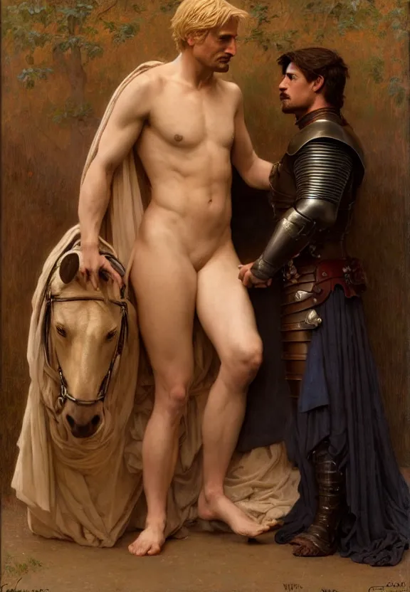 Image similar to attractive handsome fully clothed jaime lannister confesses his love for attractive fully armored brienne of tarth. centered composition. highly detailed painting by gaston bussiere and j. c. leyendecker and william adolphe bouguereau and fra angelico and octane render, musee d'orsay 8 k