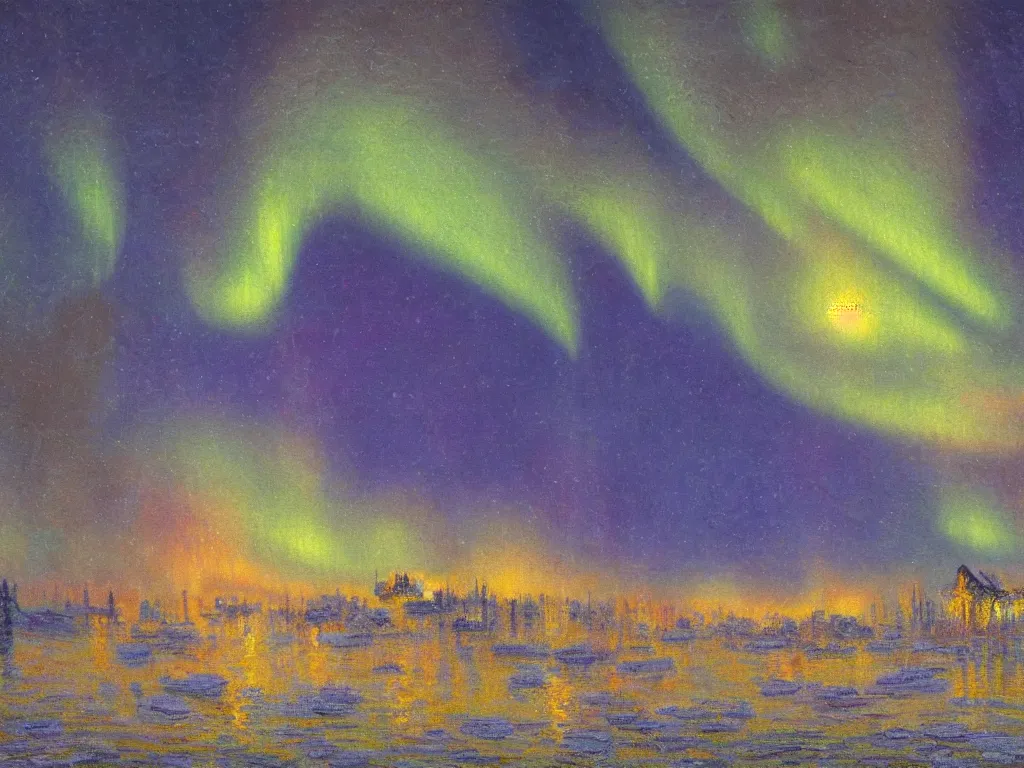 Prompt: beautiful northern lights over an arctic village, matte painting, trending on artstation, oil on canvas, digital art, in the style of claude monet