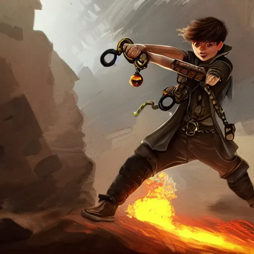 Image similar to An boy wearing steampunk wristband that shoots out a grapple using steam canisters, epic fantasy art style HD